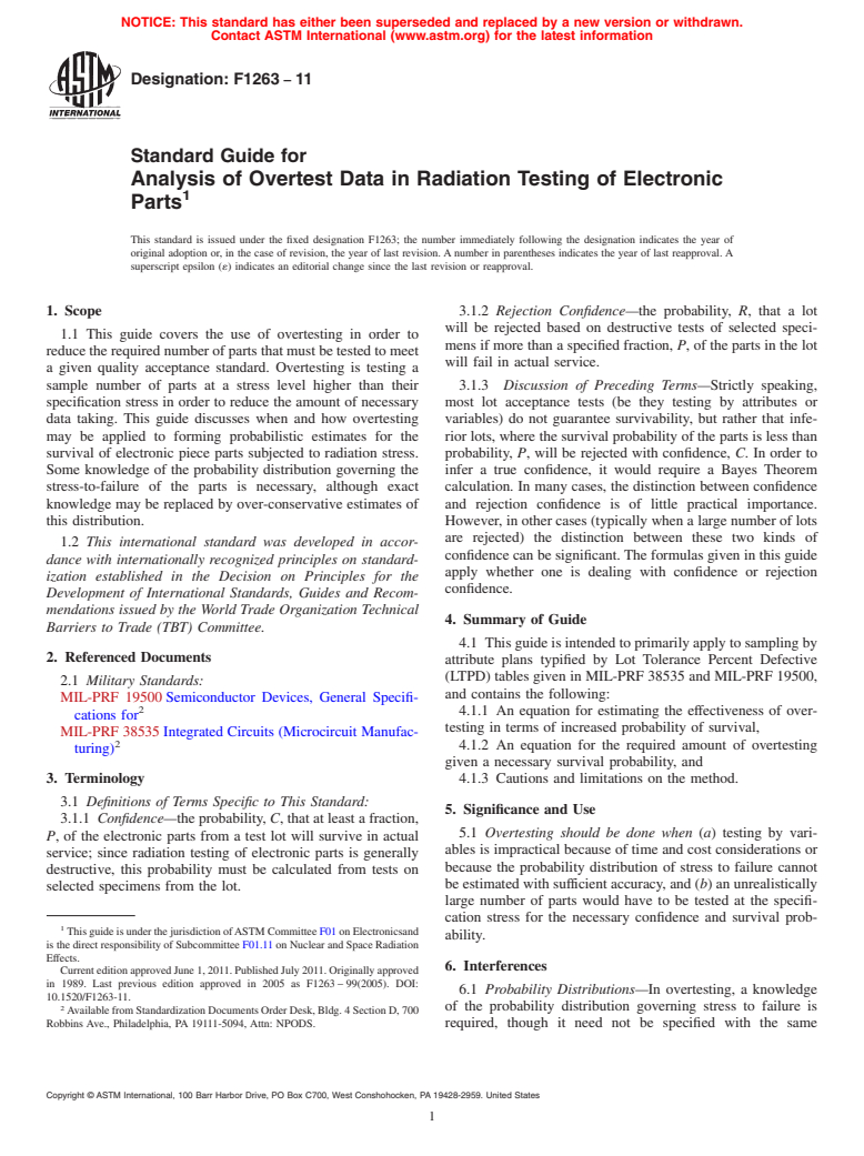 ASTM F1263-11 - Standard Guide for Analysis of Overtest Data in Radiation Testing of Electronic Parts