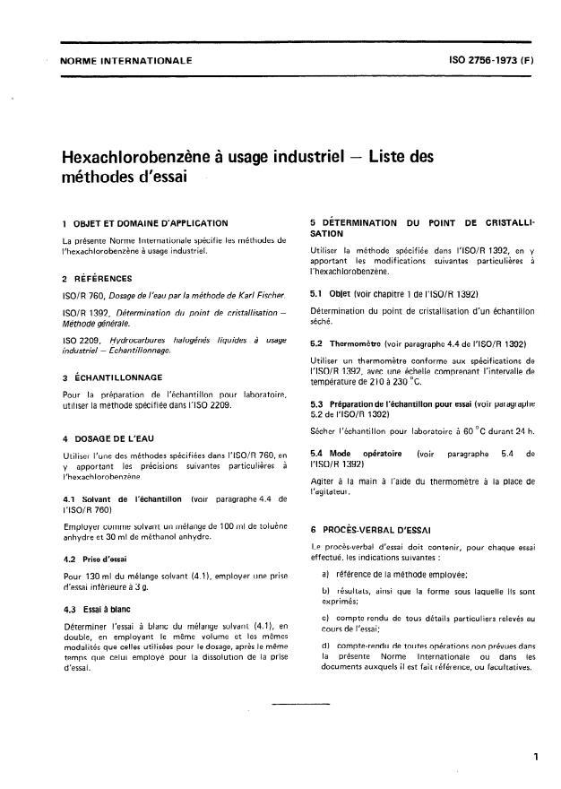 ISO 2756:1973 - Hexachlorobenzene a usage industriel -- Liste des méthodes d'essais