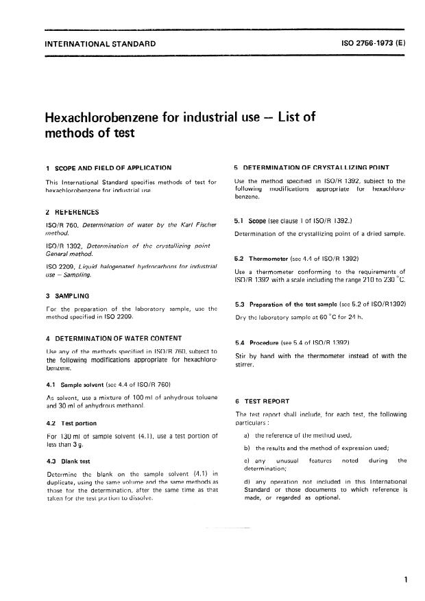 ISO 2756:1973 - Hexachlorobenzene for industrial use -- List of methods of test