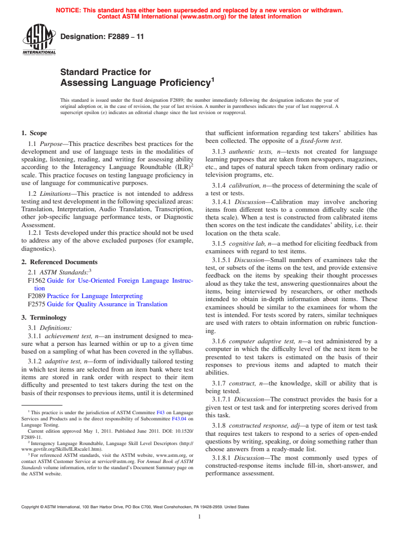 ASTM F2889-11 - Standard Practice for Assessing Language Proficiency