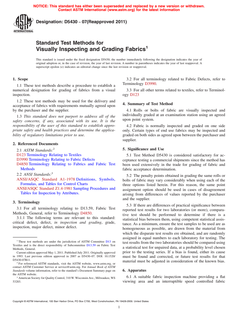 ASTM D5430-07(2011) - Standard Test Methods for  Visually Inspecting and Grading Fabrics