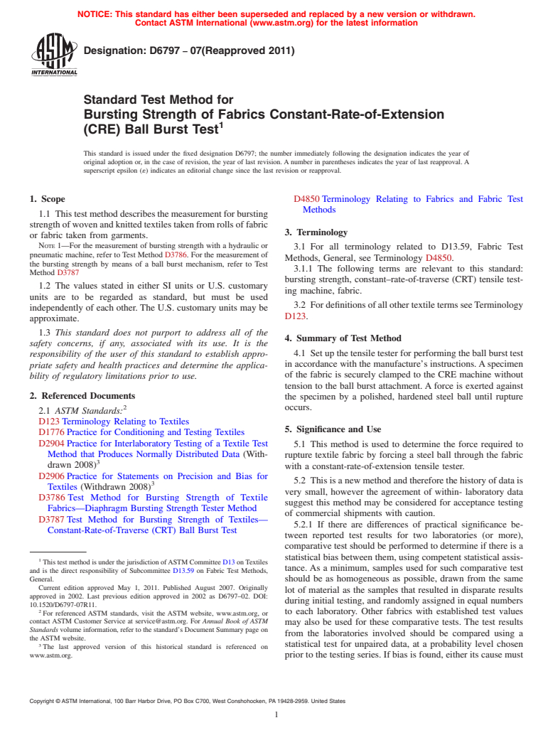 ASTM D6797-07(2011) - Standard Test Method for Bursting Strength of Fabrics Constant-Rate-of-Extension (CRE) Ball Burst Test