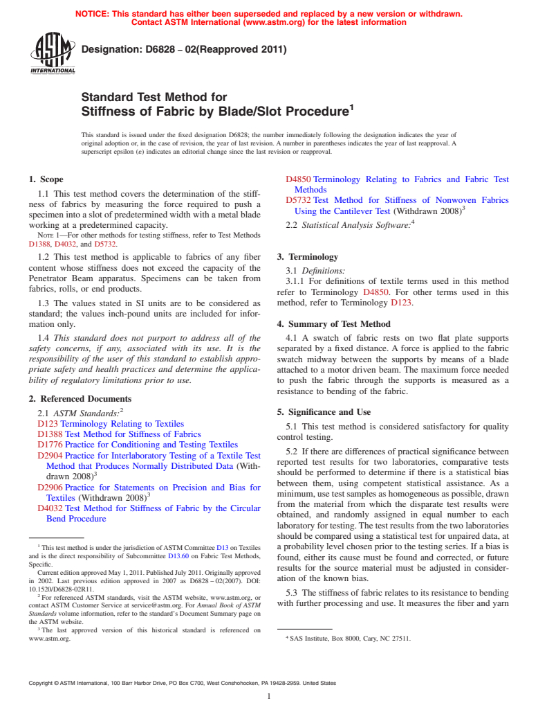 ASTM D6828-02(2011) - Standard Test Method for Stiffness of Fabric by Blade/Slot Procedure