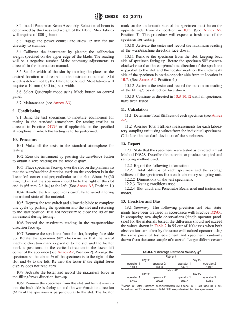 ASTM D6828-02(2011) - Standard Test Method for Stiffness of Fabric by Blade/Slot Procedure