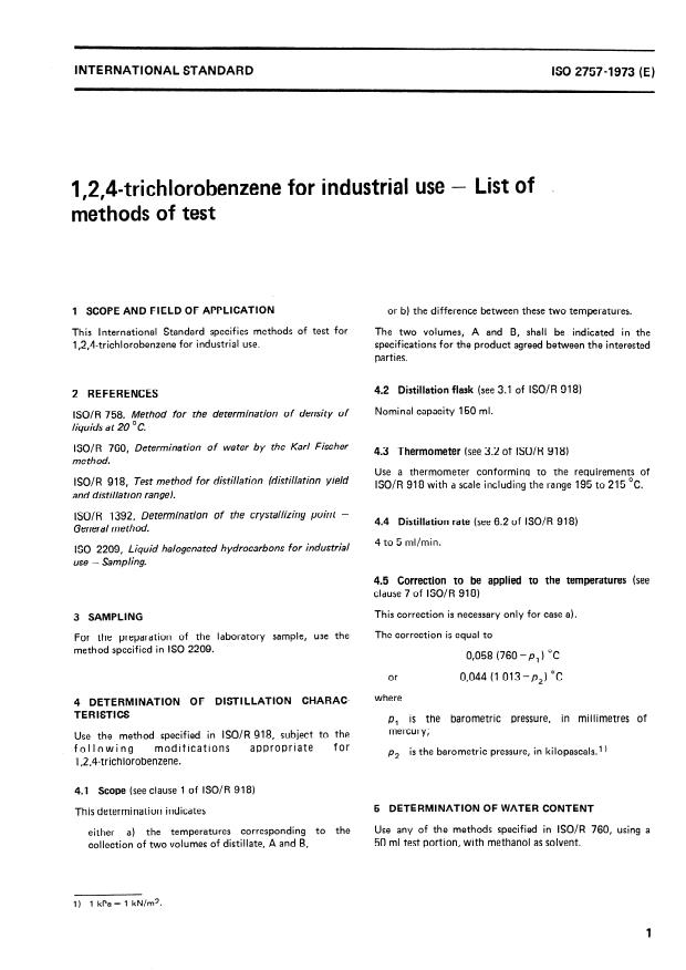 ISO 2757:1973 - 1,2,4- Trichlorobenzene for industrial use -- List of methods of test