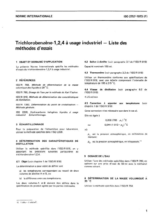 ISO 2757:1973 - Trichlorobenzene-1,2,4 a usage industriel -- Liste des méthodes d'essais