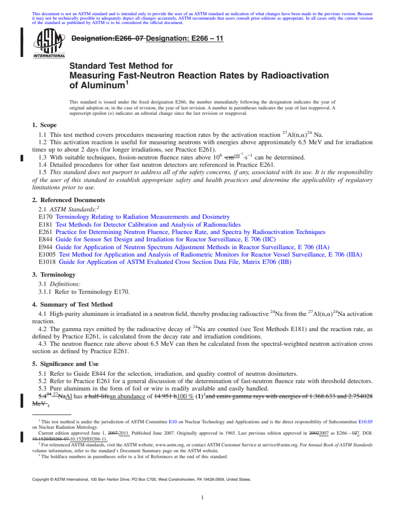 REDLINE ASTM E266-11 - Standard Test Method for Measuring Fast-Neutron Reaction Rates by Radioactivation of Aluminum