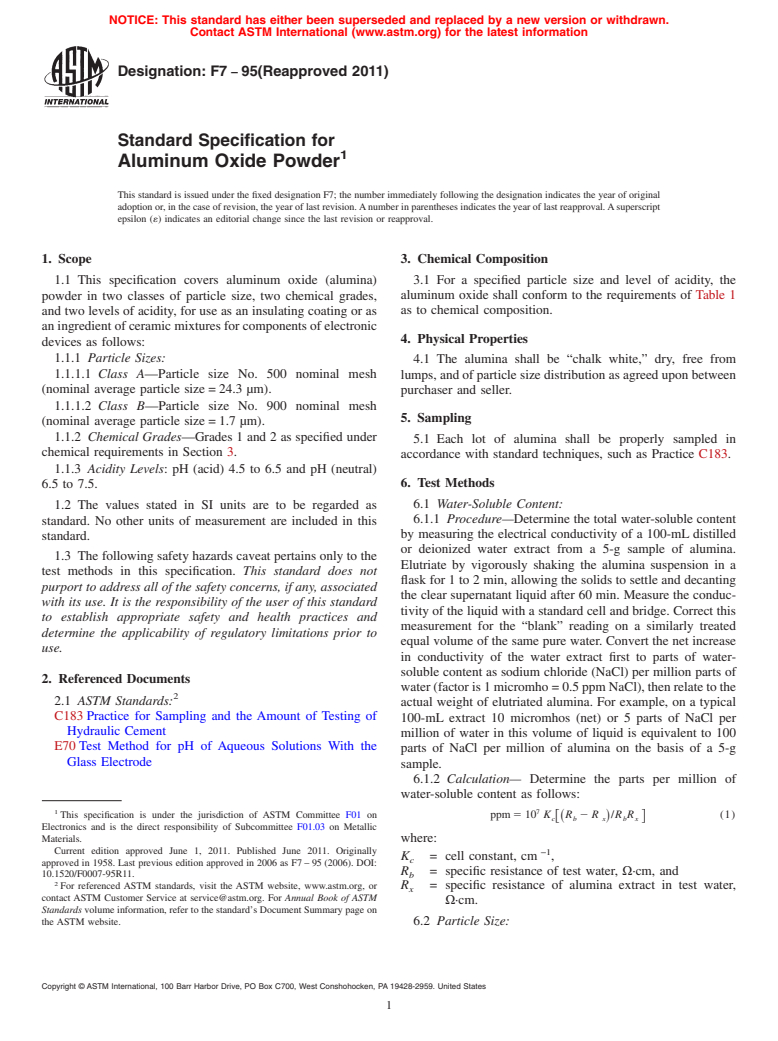 ASTM F7-95(2011) - Standard Specification for Aluminum Oxide Powder