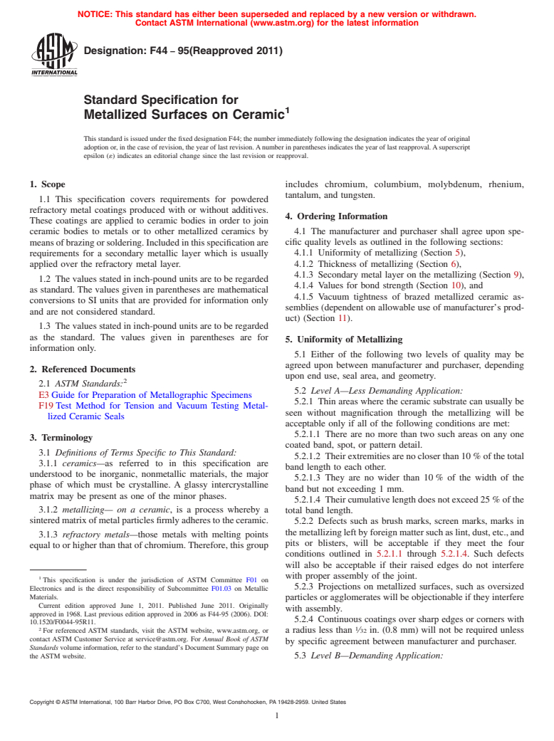 ASTM F44-95(2011) - Standard Specification for Metallized Surfaces on Ceramic