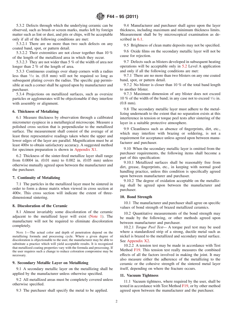 ASTM F44-95(2011) - Standard Specification for Metallized Surfaces on Ceramic