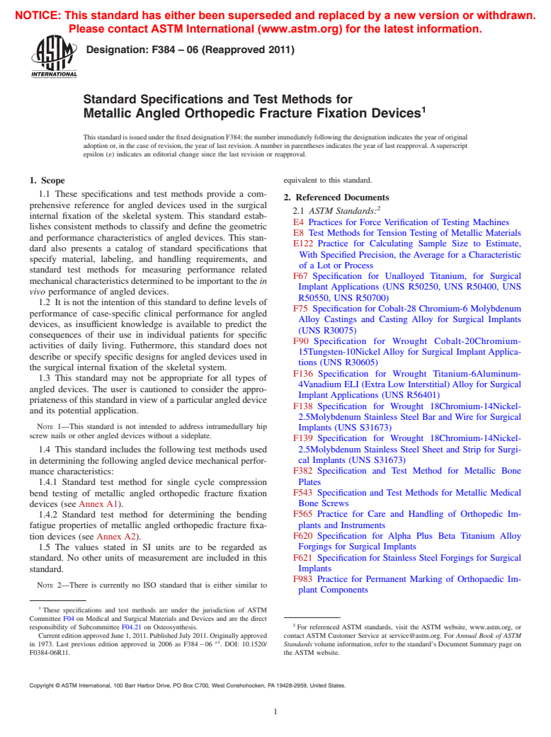 ASTM F384-06(2011) - Standard Specifications and Test Methods for Metallic Angled Orthopedic Fracture Fixation Devices