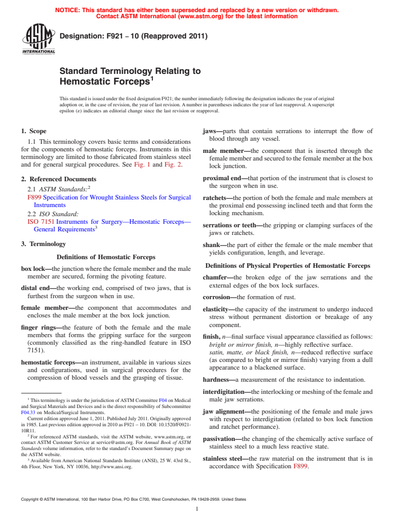 ASTM F921-10(2011) - Standard Terminology Relating to Hemostatic Forceps