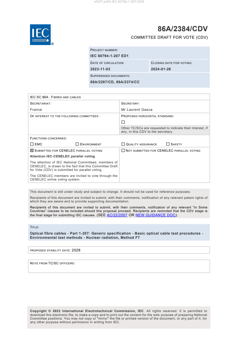 oSIST prEN IEC 60794-1-207:2024 prEN IEC 60794-1-207:2024