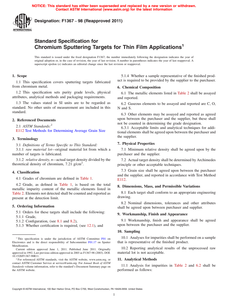 ASTM F1367-98(2011) - Standard Specification for Chromium Sputtering Targets for Thin Film Applications (Withdrawn 2020)