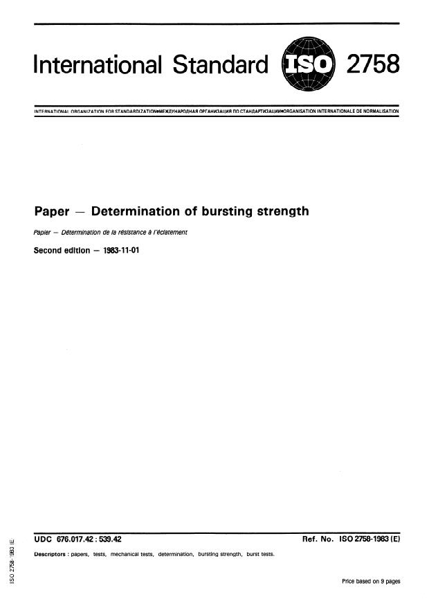 ISO 2758:1983 - Paper -- Determination of bursting strength