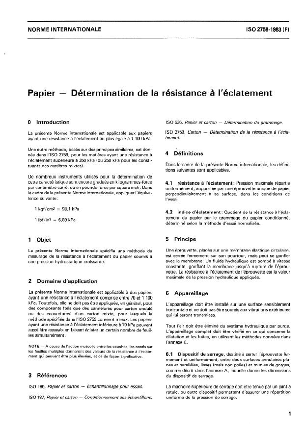 ISO 2758:1983 - Papier -- Détermination de la résistance a l'éclatement