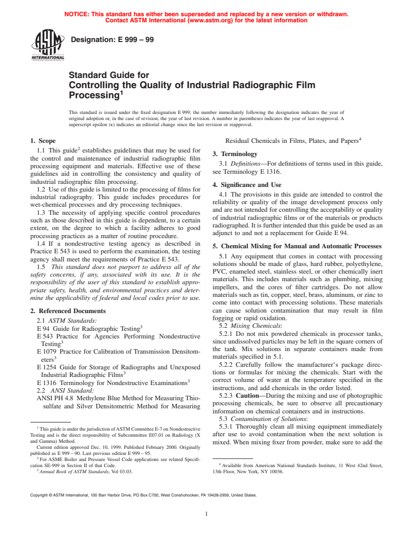 ASTM E999-99 - Standard Guide for Controlling the Quality of Industrial Radiographic Film Processing