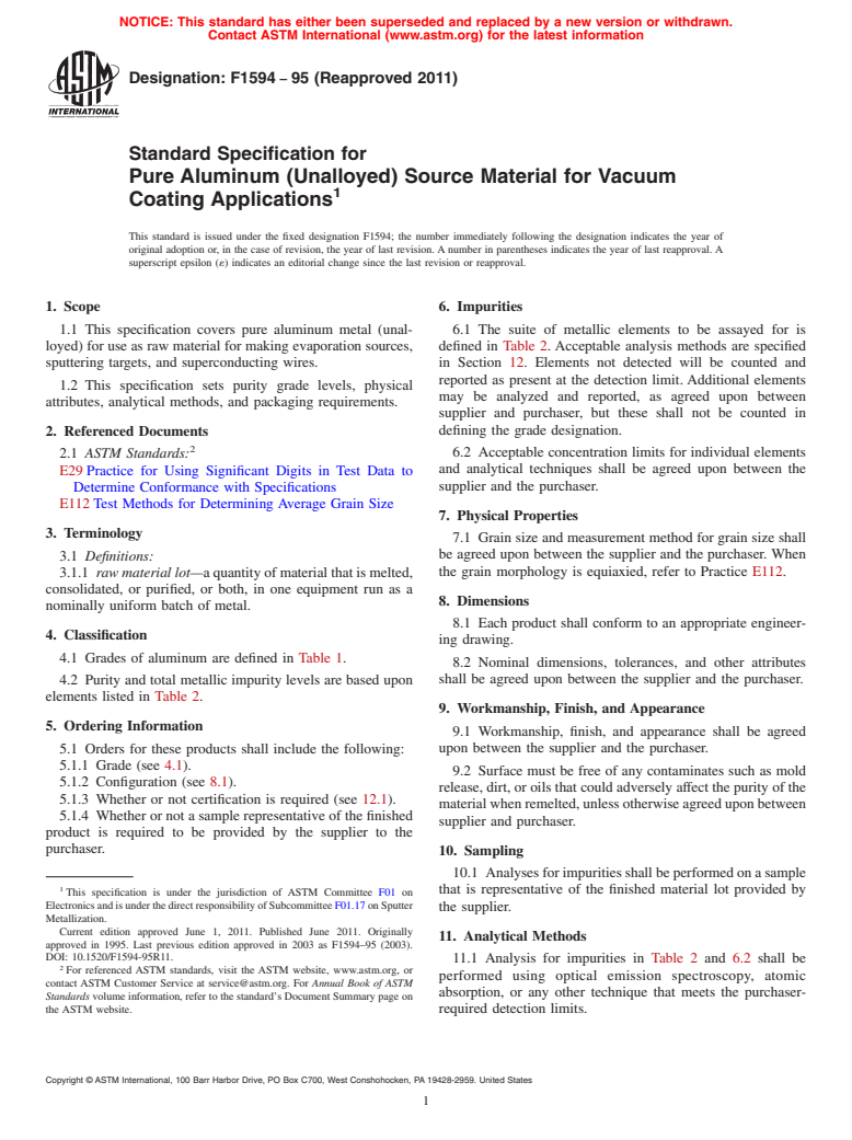 ASTM F1594-95(2011) - Standard Specification for Pure Aluminum (Unalloyed) Source Material for Vacuum Coating Applications (Withdrawn 2020)