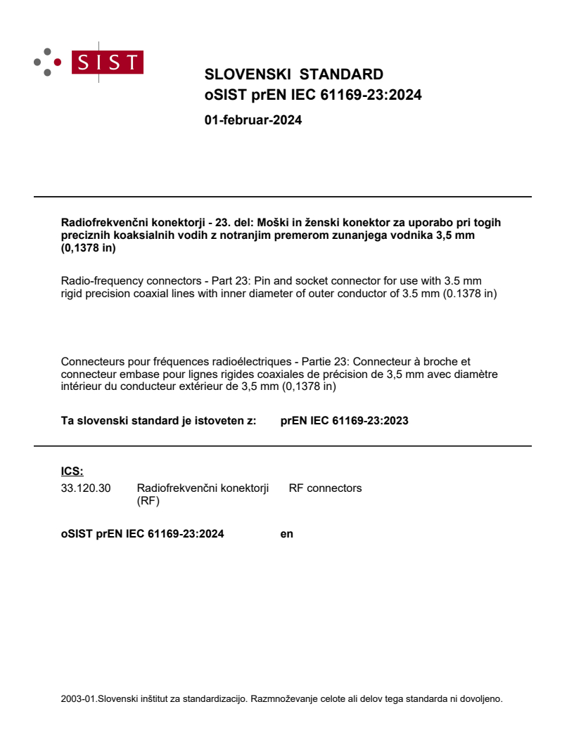 oSIST prEN IEC 61169232024 Radiofrequency connectors Part 23