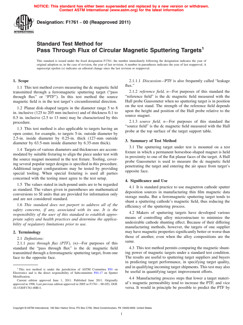 ASTM F1761-00(2011) - Standard Test Method for Pass Through Flux of Circular Magnetic Sputtering Targets (Withdrawn 2020)