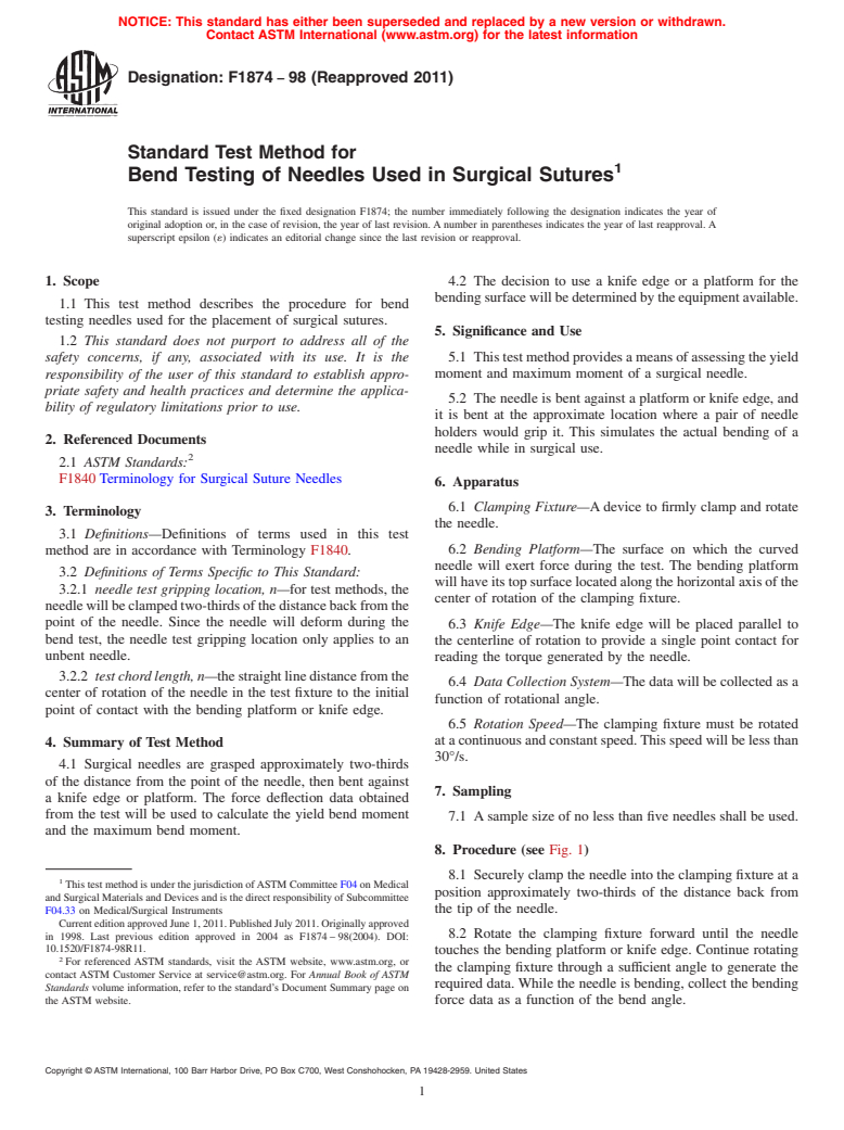 ASTM F1874-98(2011) - Standard Test Method for Bend Testing of Needles Used in Surgical Sutures (Withdrawn 2020)