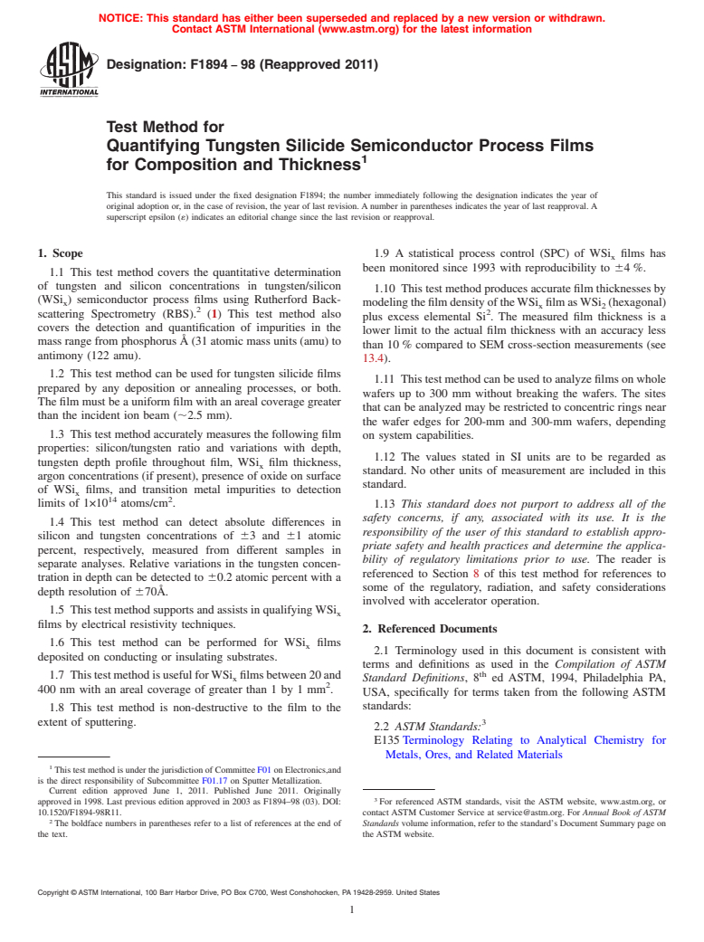 ASTM F1894-98(2011) - Test Method for Quantifying Tungsten Silicide Semiconductor Process Films for Composition and Thickness (Withdrawn 2020)