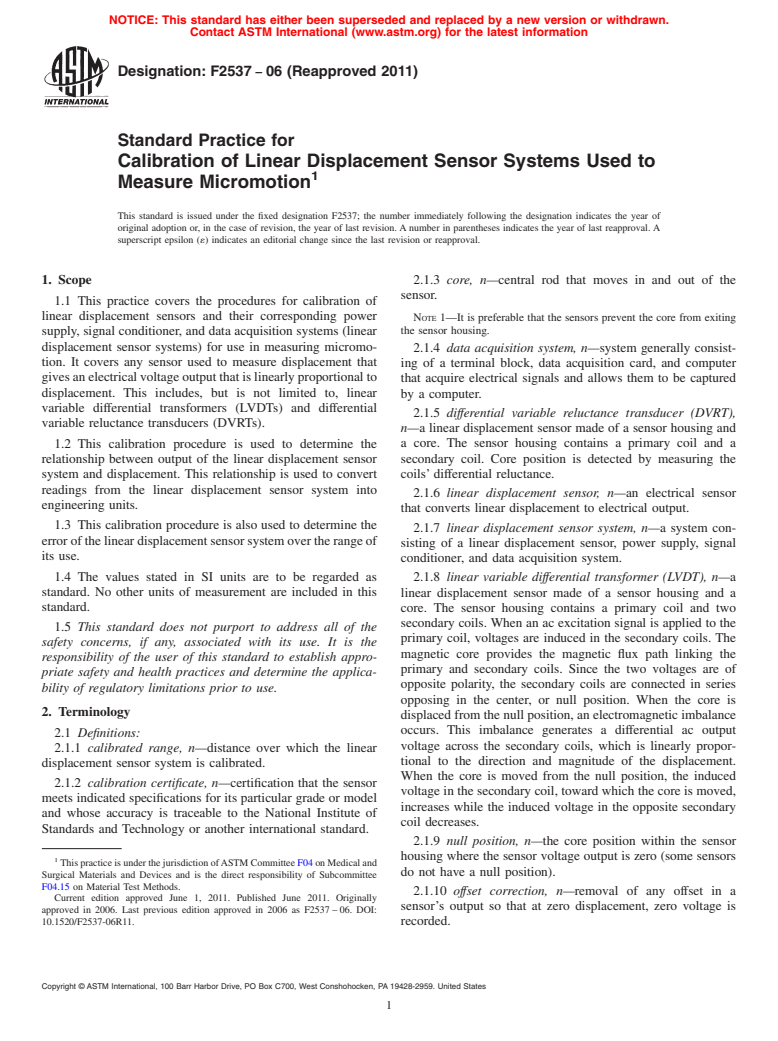 ASTM F2537-06(2011) - Standard Practice for Calibration of Linear Displacement Sensor Systems Used to Measure Micromotion