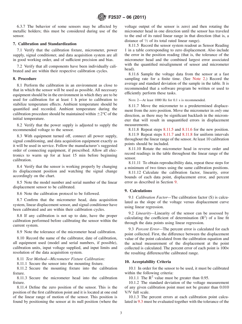 ASTM F2537-06(2011) - Standard Practice for Calibration of Linear Displacement Sensor Systems Used to Measure Micromotion