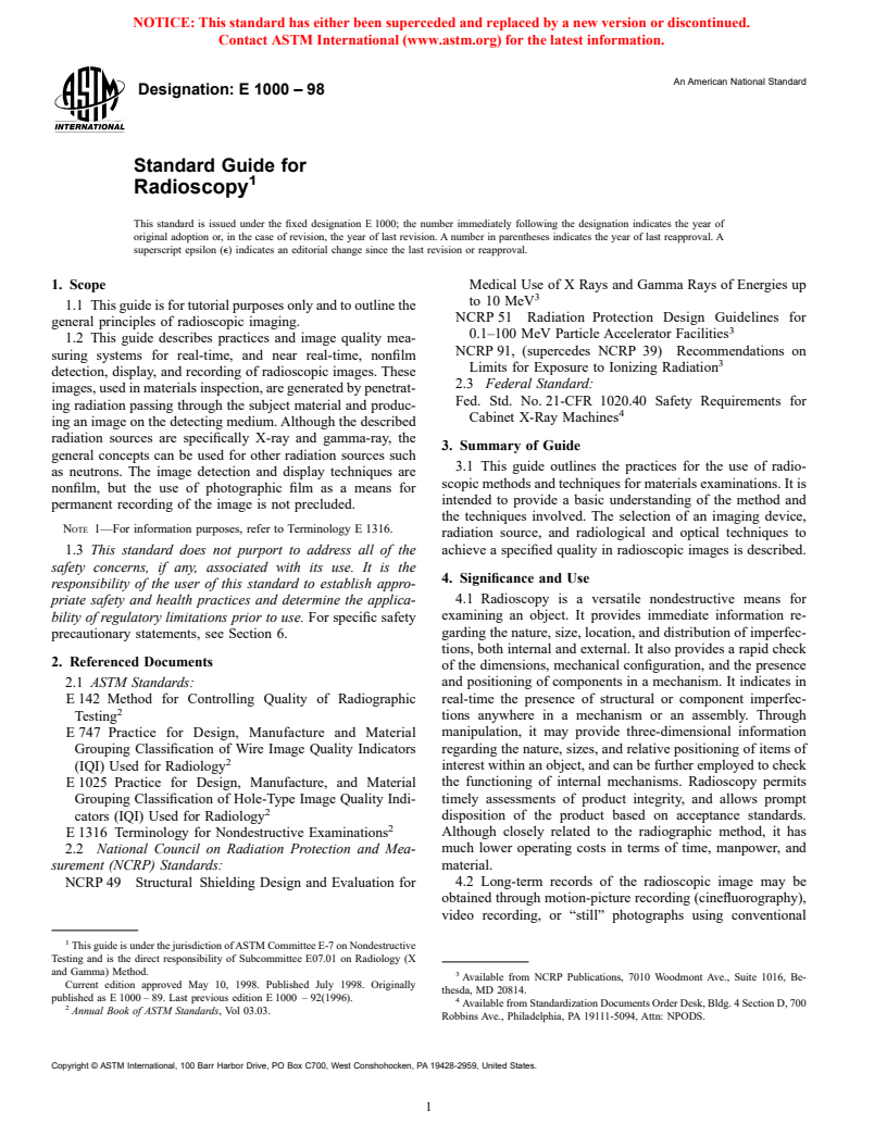 ASTM E1000-98 - Standard Guide for Radioscopy