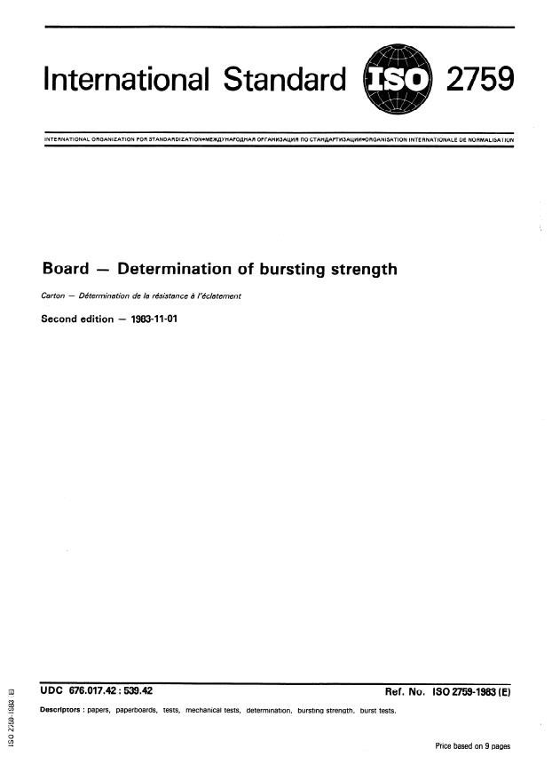 ISO 2759:1983 - Board -- Determination of bursting strength