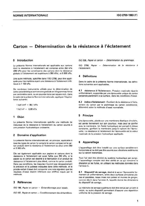 ISO 2759:1983 - Carton -- Détermination de la résistance a l'éclatement