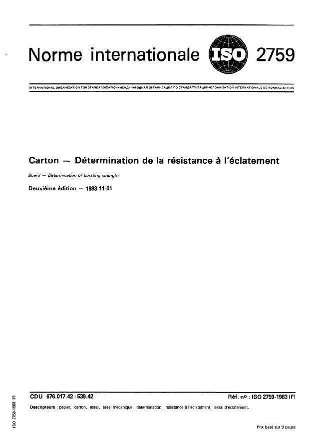 ISO 2759:1983 - Carton -- Détermination de la résistance a l'éclatement