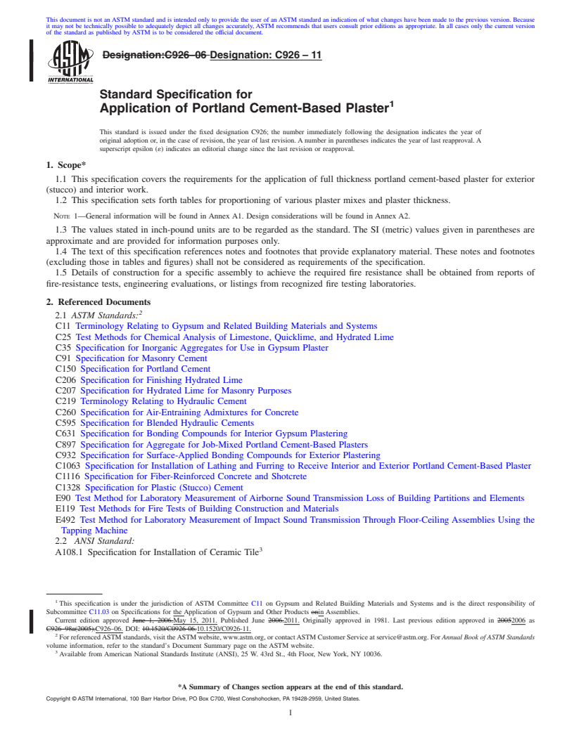 REDLINE ASTM C926-11 - Standard Specification for Application of Portland Cement-Based Plaster