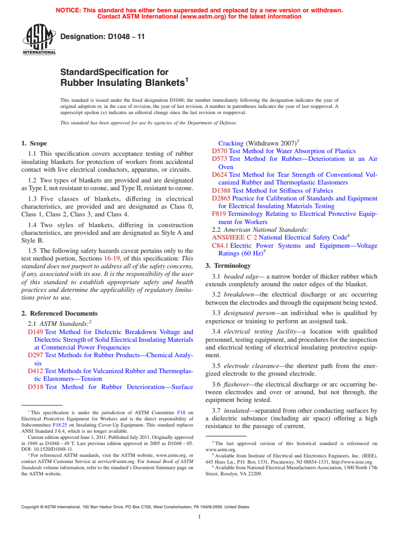 ASTM D1048-11 - Standard Specification for Rubber Insulating Blankets