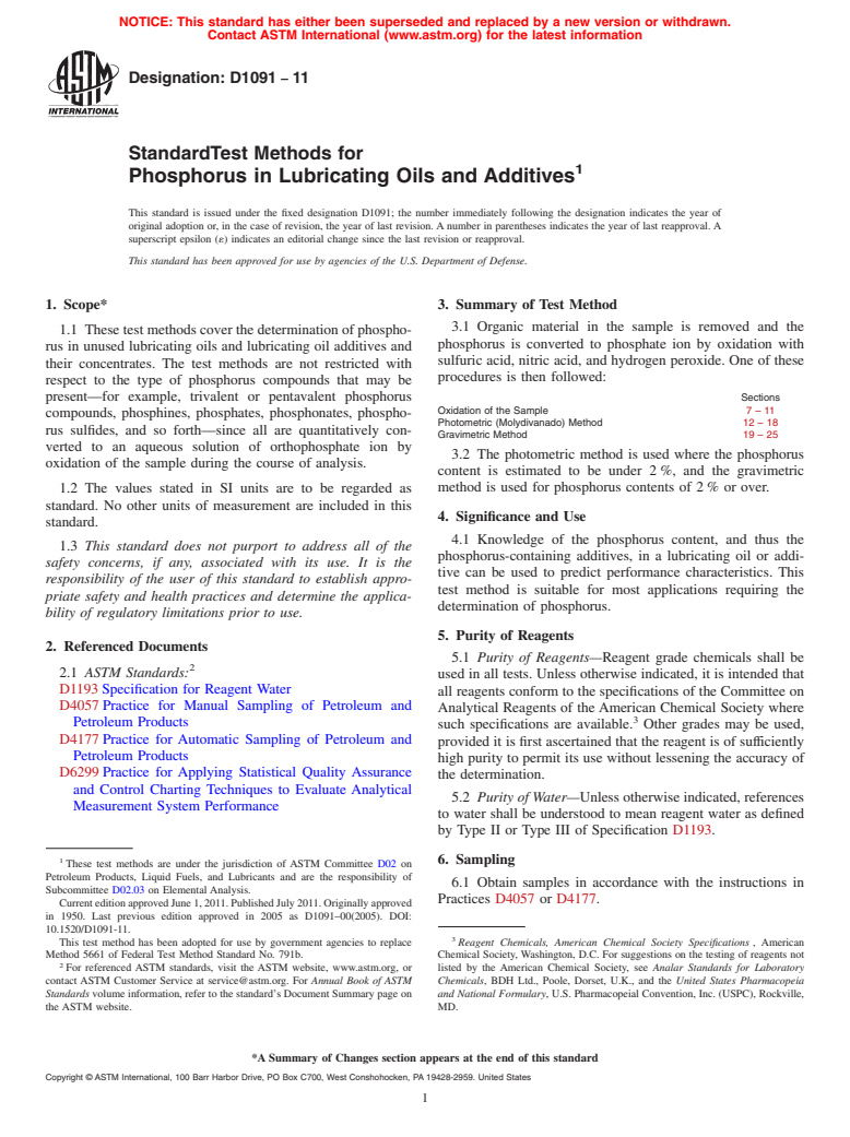 ASTM D1091-11 - Standard Test Methods for Phosphorus in Lubricating Oils and Additives