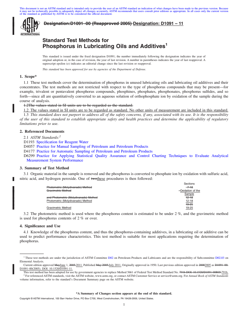 REDLINE ASTM D1091-11 - Standard Test Methods for Phosphorus in Lubricating Oils and Additives