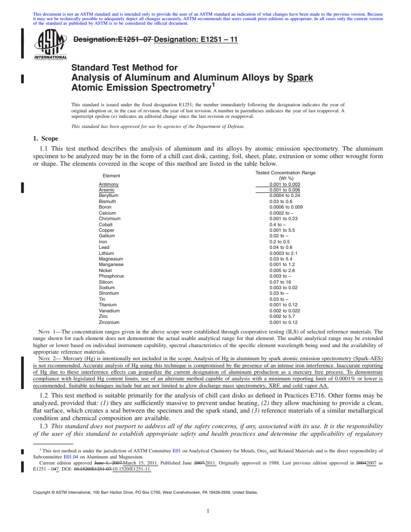 REDLINE ASTM E1251-11 - Standard Test Method for Analysis of Aluminum and Aluminum Alloys by Spark Atomic Emission Spectrometry