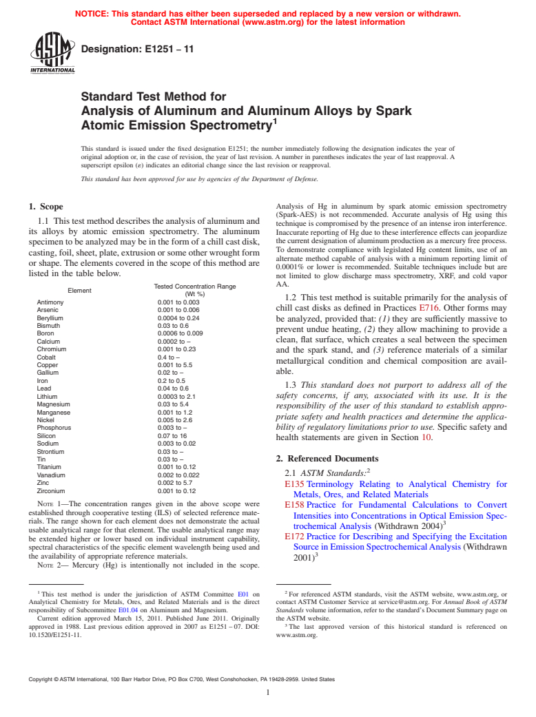 ASTM E1251-11 - Standard Test Method for Analysis of Aluminum and Aluminum Alloys by Spark Atomic Emission Spectrometry