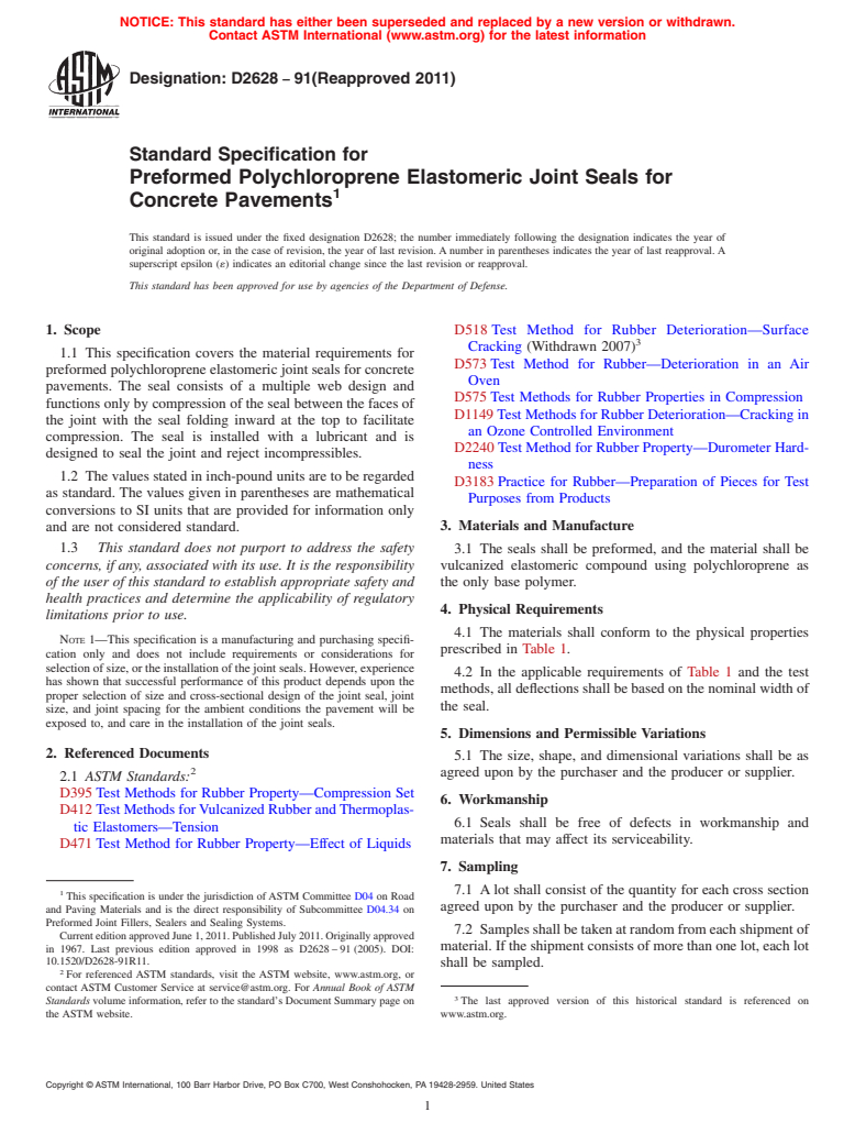 ASTM D2628-91(2011) - Standard Specification for Preformed Polychloroprene Elastomeric Joint Seals for Concrete Pavements