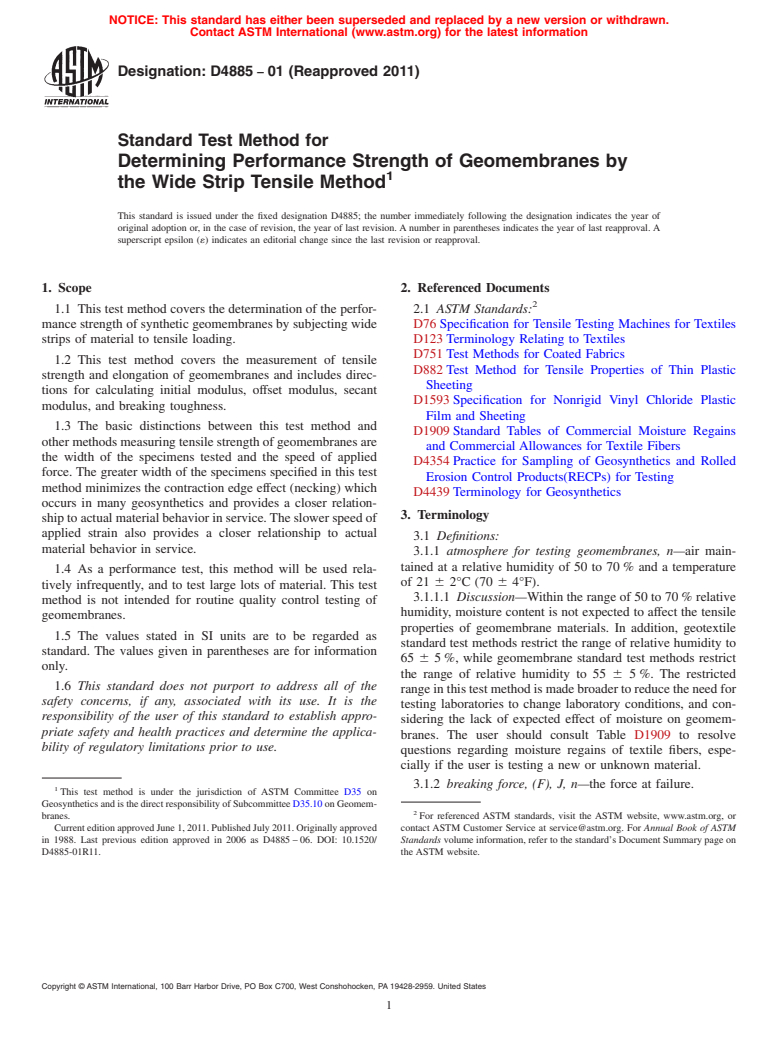 ASTM D4885-01(2011) - Standard Test Method for Determining Performance Strength of Geomembranes by the Wide Strip Tensile Method