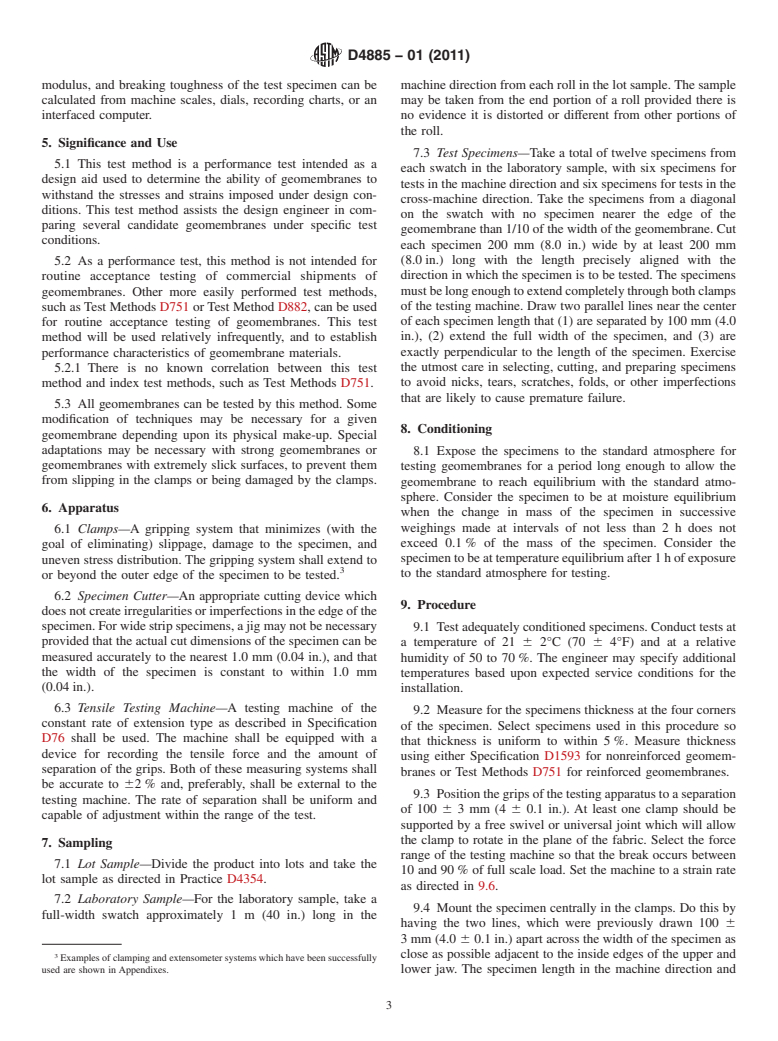 ASTM D4885-01(2011) - Standard Test Method for Determining Performance Strength of Geomembranes by the Wide Strip Tensile Method