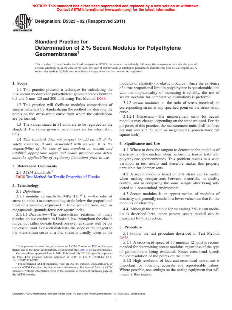 ASTM D5323-92(2011) - Standard Practice for Determination of 2 % Secant Modulus for Polyethylene Geomembranes