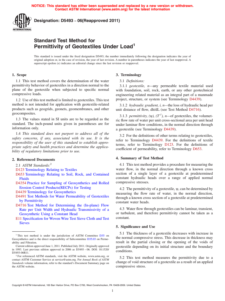 ASTM D5493-06(2011) - Standard Test Method for Permittivity of Geotextiles Under Load