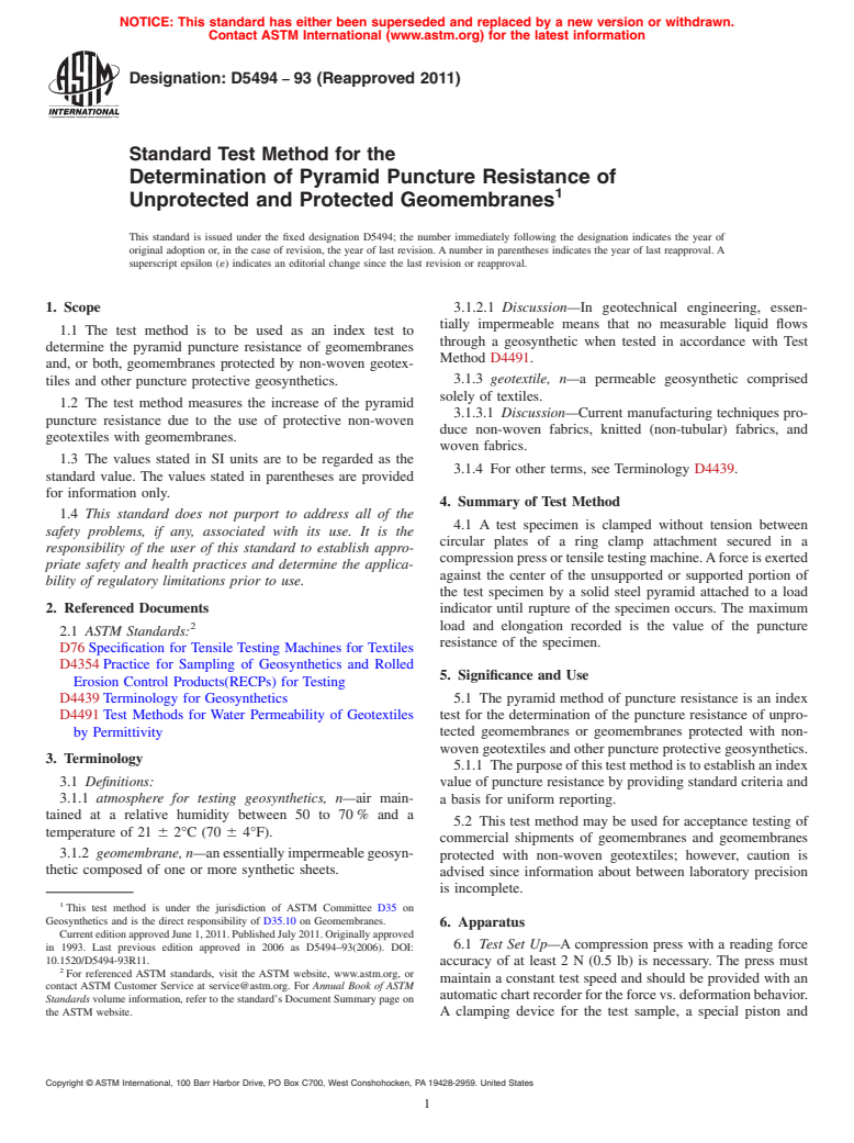 ASTM D5494-93(2011) - Standard Test Method for the Determination of Pyramid Puncture Resistance of Unprotected and Protected Geomembranes