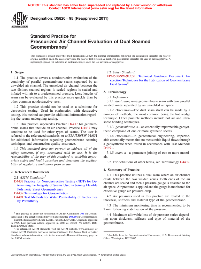 ASTM D5820-95(2011) - Standard Practice for Pressurized Air Channel Evaluation of Dual Seamed Geomembranes