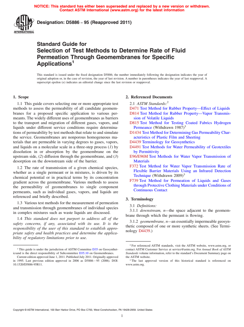 ASTM D5886-95(2011) - Standard Guide for Selection of Test Methods to Determine Rate of Fluid Permeation Through Geomembranes for Specific Applications