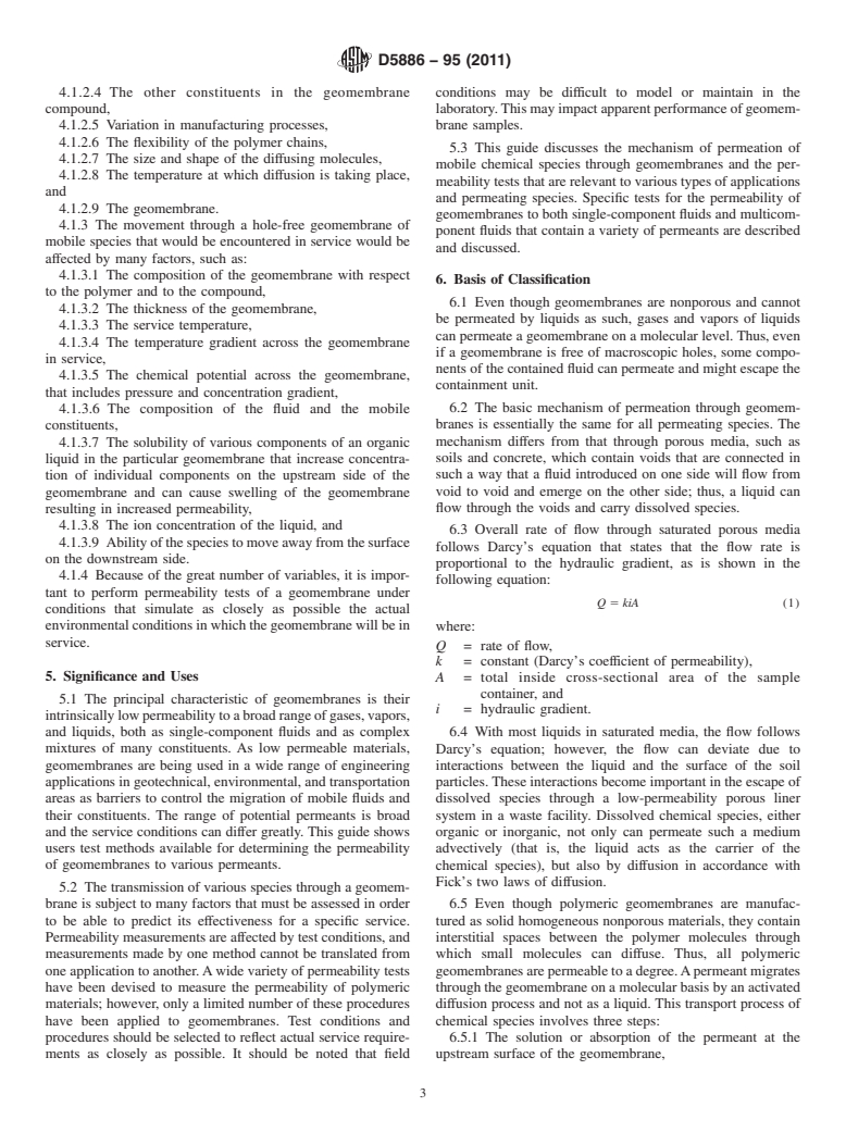 ASTM D5886-95(2011) - Standard Guide for Selection of Test Methods to Determine Rate of Fluid Permeation Through Geomembranes for Specific Applications