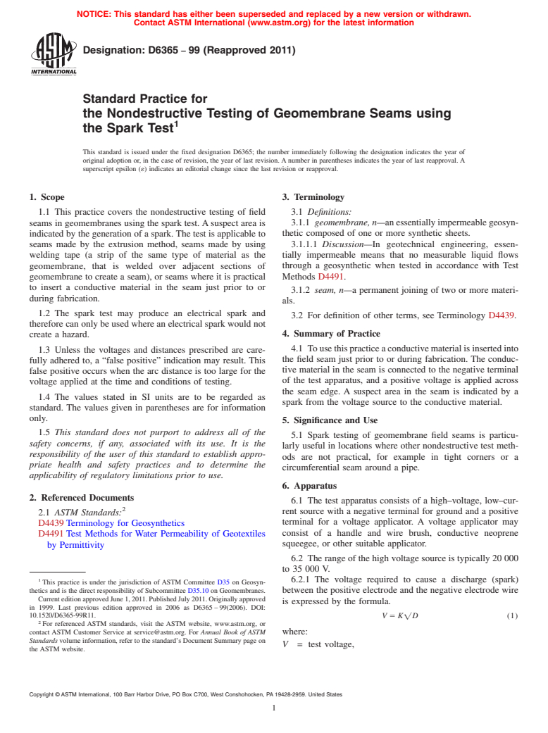 ASTM D6365-99(2011) - Standard Practice for the Nondestructive Testing of Geomembrane Seams using the Spark Test