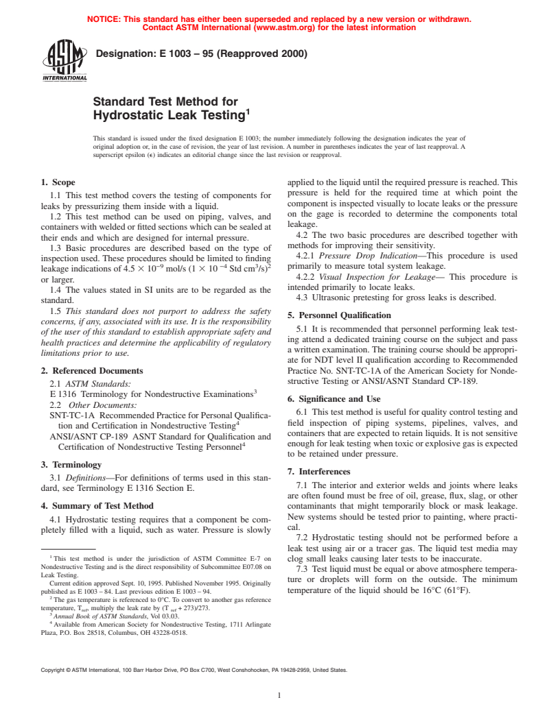 ASTM E1003-95(2000) - Standard Test Method for Hydrostatic Leak Testing