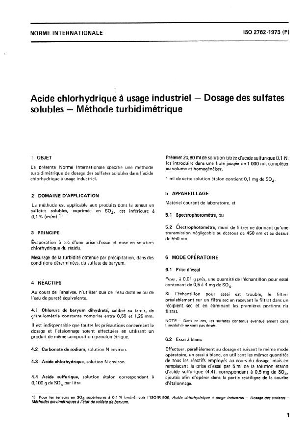 ISO 2762:1973 - Acide chlorhydrique a usage industriel -- Dosage des sulfates solubles -- Méthode turbidimétrique